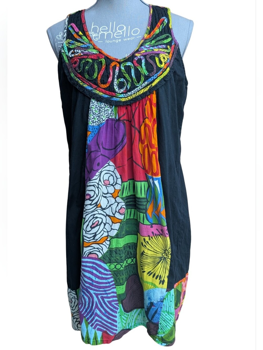 Juno India Cotton Abstract Patchwork Art Shift Dress Bright Colorful L Size 40